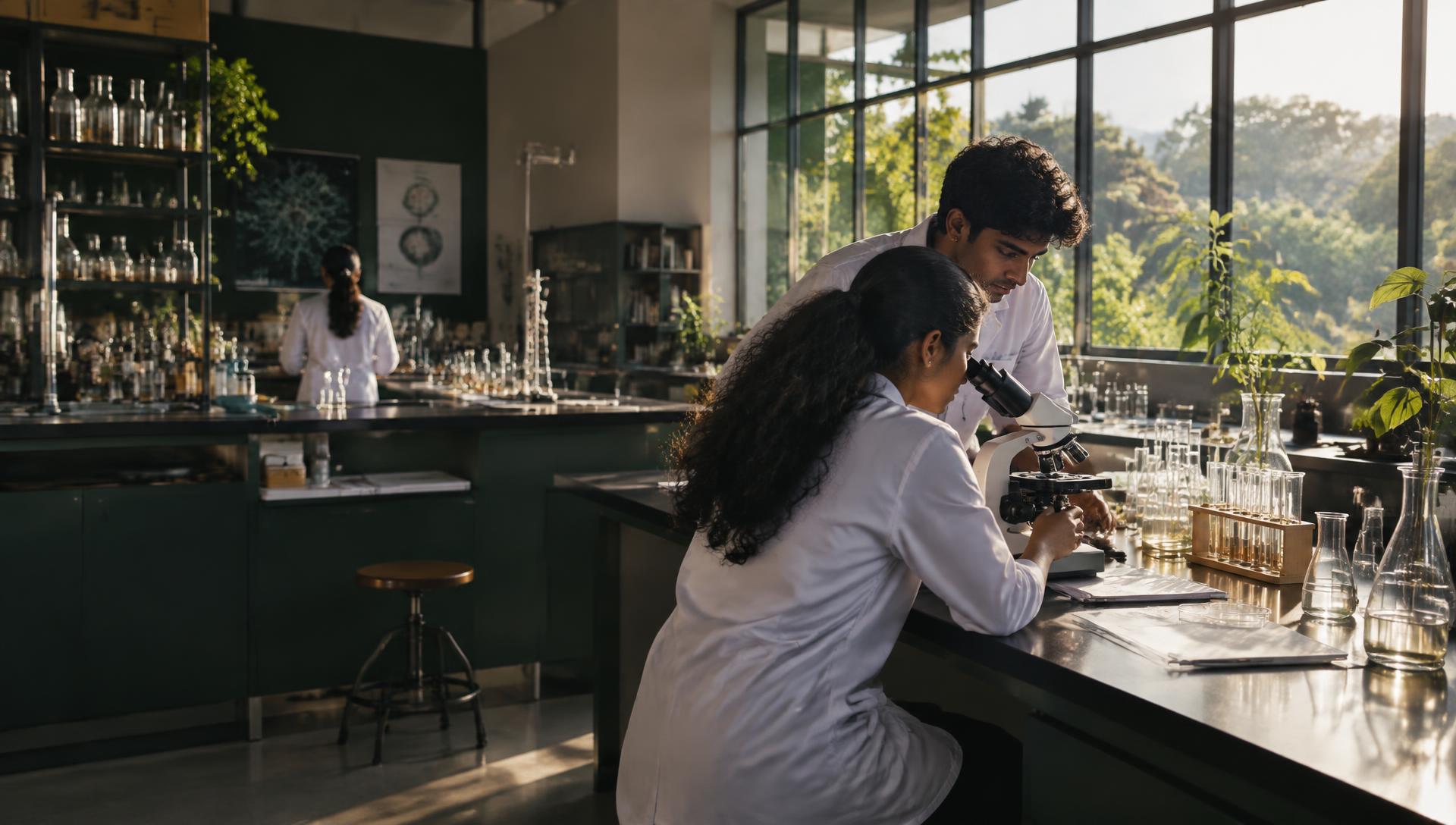 Students exploring science with a microscope in a laboratory